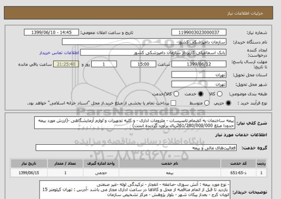 استعلام بیمه ساختمان به انضمام تاسیسات - ملزومات اداری - و کلیه تجهیزات و لوازم آزمایشگاهی -(ارزش مورد بیمه حدودا مبلغ 261/280/000/000ریال برآورد گردیده است)