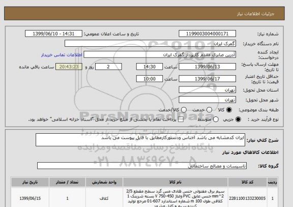 استعلام ایران کدمشابه می باشد اجناس ودستورکارمطابق با فایل پیوست می باشد