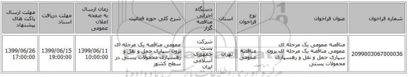 مناقصه عمومی یک مرحله ای عمومی مناقصه  یک مرحله ای برون سپاری حمل و نقل و رهسپاری محمولات پستی