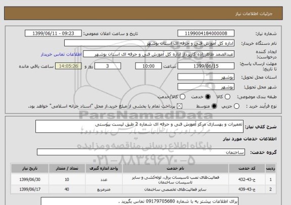 استعلام تعمیرات و بهسازی مرکز آموزش فنی و حرفه ای شماره 2 طبق لیست پیوستی