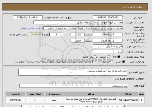 استعلام لوازم کولر گازی طبق مشخصات پیوستی