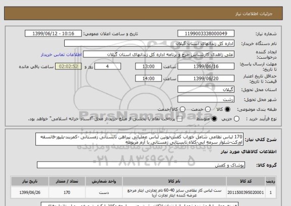 استعلام 170 لباس نظامی شامل جوراب کفش-پوتین لباس عملیاتی پیراهن تابستانی زمستانی -کمربند-پلیور-فانسقه اورکت-شلوار سرمه ایی-کلاه تابستانی زمستانی با آرم مربوطه