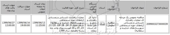 مناقصه عمومی یک مرحله ای عملیات راهداری تابستانی و زمستانی (راه‌های حوزه استحفاظی شهرستان‌های خدابنده و سلطانیه)