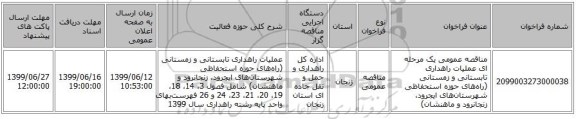 مناقصه عمومی یک مرحله ای عملیات راهداری تابستانی و زمستانی (راه‌های حوزه استحفاظی شهرستان‌های ایجرود، زنجانرود و ماهنشان)