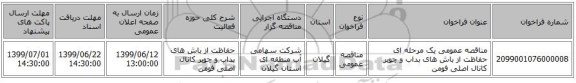 مناقصه عمومی یک مرحله ای حفاظت از باش های بداب و چوبر کانال اصلی فومن