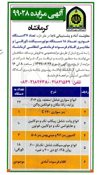 مزایده , مزایده تعداد 37 دستگاه خودرو، تعداد 18 دستگاه موتورسیکلت ... 