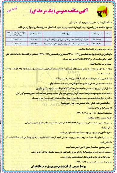 مناقصه، مناقصه اجرای تعمیرات فیدر ناپایدار خط سرد و پروژه ترمیم شبکه ها- نوبت دوم 