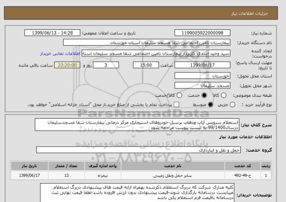 استعلام استعلام سرویس ایاب وذهاب پرسنل-خودروهای استیجاری مرکز درمانی بیمارستان شفا مسجدسلیمان درسال99/1400-به لیست پیوست مراجعه شود