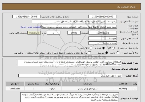 استعلام استعلام سرویس ایاب وذهاب پرسنل-خودروهای استیجاری مرکز درمانی بیمارستان شفا مسجدسلیمان درسال99/1400-به لیست پیوست مراجعه شود