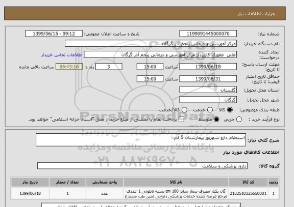 استعلام استعلام دارو شهریور بیمارستان 5 آذر 