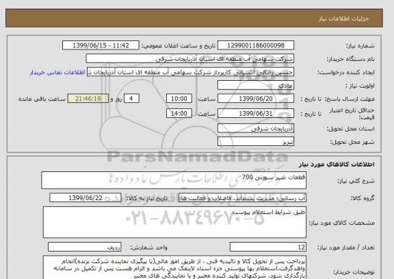 استعلام قطعات شیر سوزنی 700