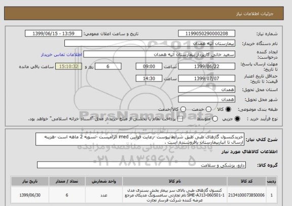 استعلام خریدکنسول گازهای طبی طبق شرایط پیوست -رعایت قوانین imed الزامیست -تسویه 2 ماهه است -هزینه ارسال تا انباربیمارستان بافروشنده است .