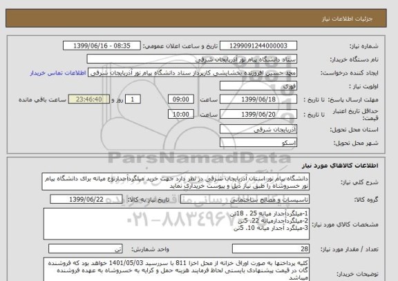 استعلام دانشگاه پیام نور استان آذربایجان شرقی در نظر دارد جهت خرید میلگردآجدارنوع میانه برای دانشگاه پیام نور خسروشاه را طبق نیاز ذیل و پیوست خریداری نماید