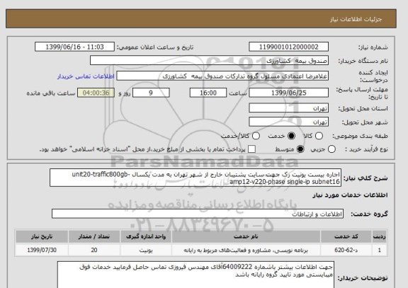 استعلام اجاره بیست یونیت رک جهت سایت پشتیبان خارج از شهر تهران به مدت یکسال unit20-traffic800gb-amp12-v220-phase single-ip subnet16