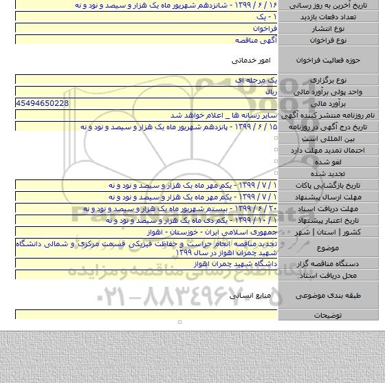 تجدید  مناقصه انجام حراست و حفاظت فیزیکی قسمت مرکزی و شمالی دانشگاه شهید چمران اهواز در سال ۱۳۹۹