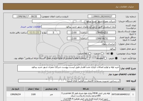 استعلام خرید لوله و لوازم اتصالات آبیاری تحت فشار طبق لیست پیوست شرکت عمران شهر جدید بینالود