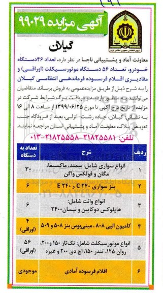 مزایده ,  مزایده تعداد 46 دستگاه خودرو، تعداد 56 دستگاه موتورسیکلت 