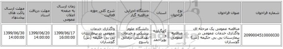 مناقصه عمومی یک مرحله ای واگذاری  خدمات عمومی در بیمارستان بی بی حکیمه (س) گچساران 