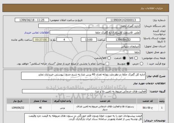 استعلام اداره کل گمرک جلفا در نظر دارد روزانه تعداد 40 پرس غذا به شرح جدول پیوستی خریداری نماید 