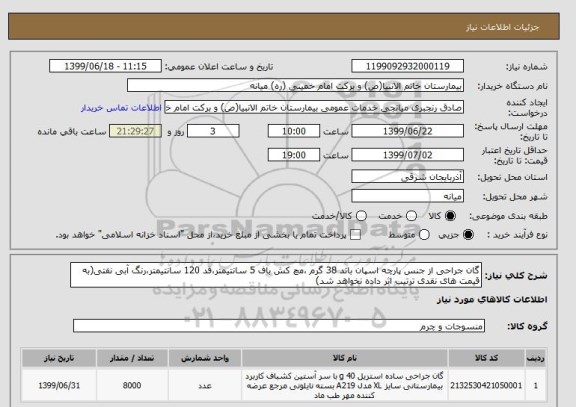 استعلام گان جراحی از جنس پارچه اسپان باند 38 گرم ،مچ کش باف 5 سانتیمتر،قد 120 سانتیمتر،رنگ آبی نفتی(به قیمت های نقدی ترتیب اثر داده نخواهد شد)