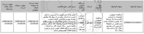 مناقصه عمومی همزمان با ارزیابی (فشرده) یک مرحله ای تعمیر و تفکیک واحد مسکونی در محوطه آبشیرین کن بوشهر پلاک 12 و بازسازی پلاک 21