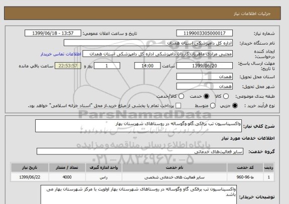 استعلام واکسیناسیون تب برفکی گاو وگوساله در روستاهای شهرستان بهار 