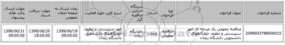 مناقصه عمومی یک مرحله ای امور سرپرستی و تنظیف خوابگاههای دانشجویی دانشگاه زنجان