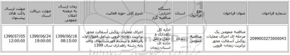 مناقصه عمومی یک مرحله ای اجرای عملیات روکش آسفالت محور ترانزیت زنجان- قزوین