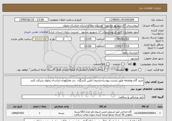 استعلام خرید گان وملحفه طبق لیست پیوست ترجیحا تامین کنندگان  ددر محدووده خراسان رضوی شرکت کنند