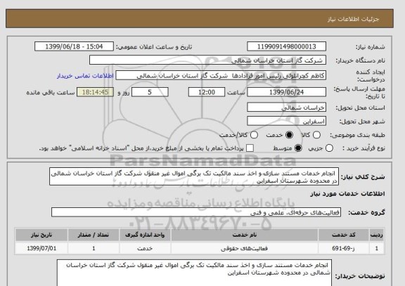 استعلام  انجام خدمات مستند سازی و اخذ سند مالکیت تک برگی اموال غیر منقول شرکت گاز استان خراسان شمالی در محدوده شهرستان اسفراین