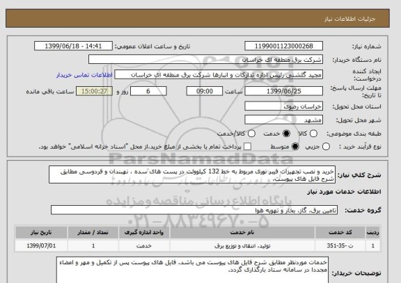 استعلام خرید و نصب تجهیزات فیبر نوری مربوط به خط 132 کیلوولت در پست های سده ، نهبندان و فردوسی مطابق شرح فایل های پیوست.