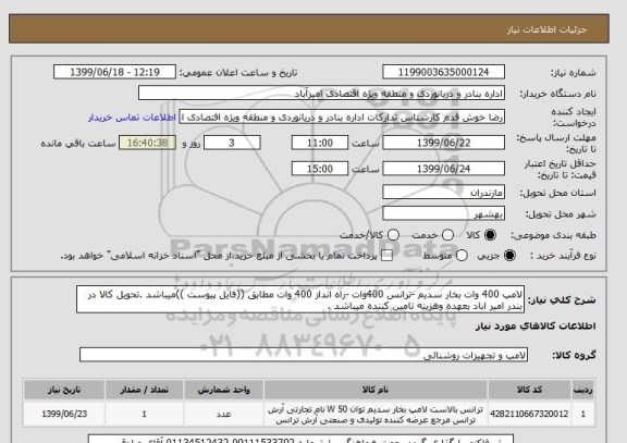 استعلام لامپ 400 وات بخار سدیم -ترانس 400وات -راه انداز 400 وات مطابق ((فایل پیوست ))میباشد .تحویل کالا در بندر امیر اباد بعهده وهزینه تامین کننده میباشد .