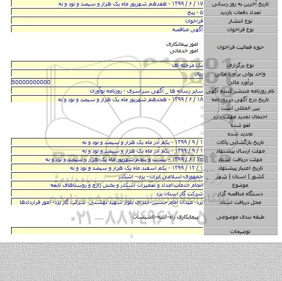 انجام خدمات امداد و تعمیرات اشکذر و بخش زارچ و روستاهای تابعه