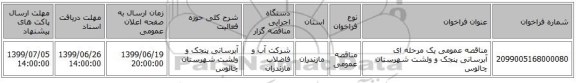 مناقصه عمومی یک مرحله ای آبرسانی پنجک و ولشت شهرستان چالوس