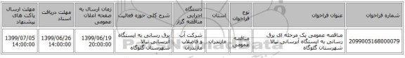 مناقصه عمومی یک مرحله ای برق رسانی به ایستگاه آبرسانی نیالا شهرستان گلوگاه