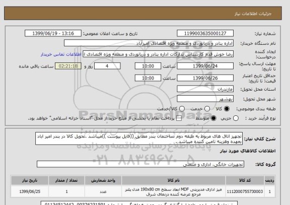 استعلام تجهیز اتاق های مربوط به طبقه دوم ساختمان بندر مطابق ((فایل پیوست ))میباشد .تحویل کالا در بندر امیر اباد بعهده وهزینه تامین کننده میباشد .