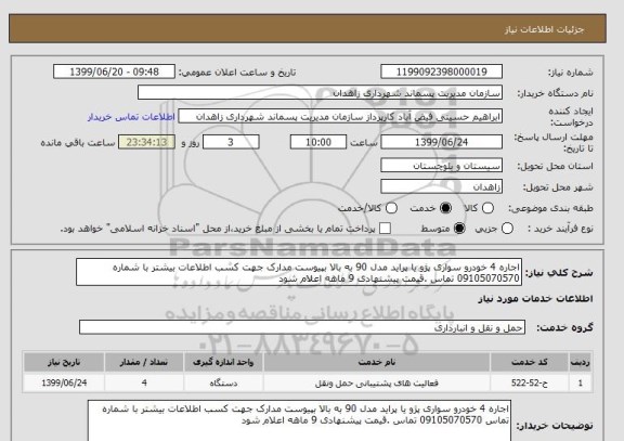 استعلام اجاره 4 خودرو سواری پژو یا پراید مدل 90 به بالا بپیوست مدارک جهت کسب اطلاعات بیشتر با شماره 09105070570 تماس .قیمت پیشنهادی 9 ماهه اعلام شود