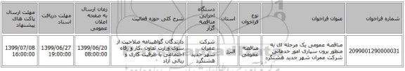 مناقصه عمومی یک مرحله ای به منظور برون سپاری امور خدماتی شرکت عمران شهر جدید هشتگرد 