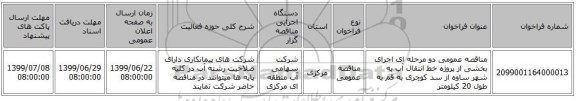 مناقصه عمومی دو مرحله ای اجرای بخشی از پروژه خط انتقال آب به شهر ساوه از سد کوچری به قم به طول 20 کیلومتر 