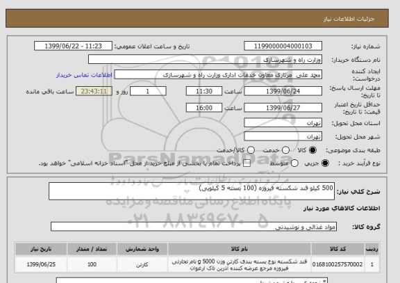 استعلام 500 کیلو قند شکسته فیروزه (100 بسته 5 کیلویی)