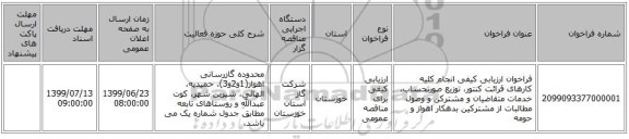 فراخوان ارزیابی کیفی انجام کلیه کارهای قرائت کنتور، توزیع صورتحساب، خدمات متقاضیان و مشترکن و وصول مطالبات از مشترکین بدهکار اهواز و حومه  