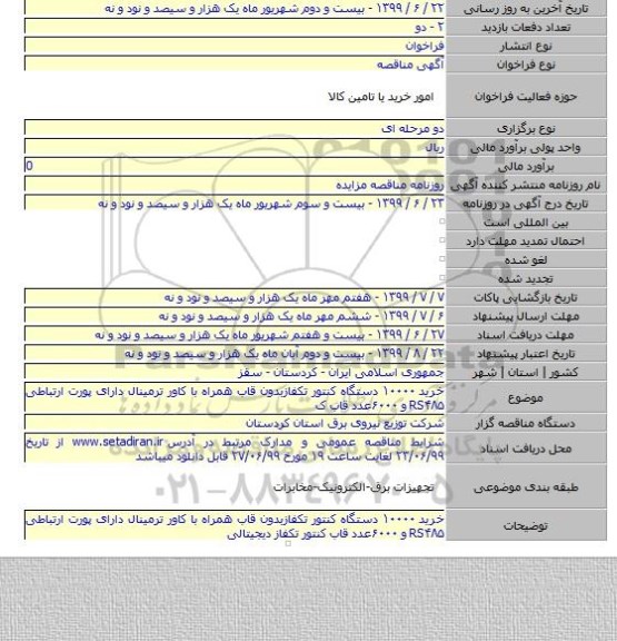 خرید ۱۰۰۰۰ دستگاه کنتور تکفازبدون قاب همراه با کاور ترمینال دارای پورت ارتباطی RS۴۸۵ و ۶۰۰۰عدد قاب ک