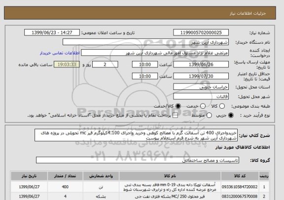 استعلام خریدواجرای 400 تن آسفالت گرم با مصالح کوهی وخرید واجرای 4.100کیلوگرم قیر mc تحویلی در پروژه های شهرداری آرین شهر به شرح فرم استعلام پیوست