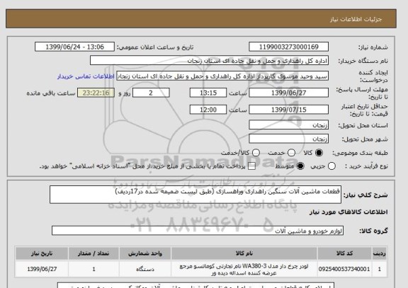 استعلام قطعات ماشین آلات سنگین راهداری وراهسازی (طبق لیست ضمیمه شده در17ردیف)