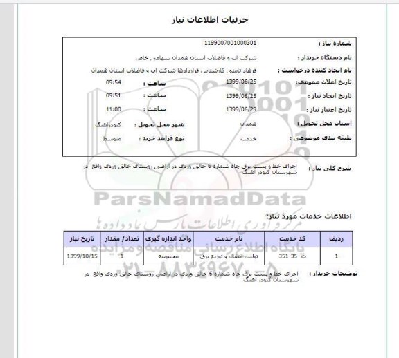 استعلام اجرای خط و پست برق چاه شماره 6 خالق وردی در اراضی روستای خالق وردی واقع  در شهرستان کبودر آهنگ