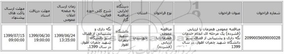 مناقصه عمومی همزمان با ارزیابی (فشرده) یک مرحله ای  انجام خدمات نگه داری و پشتیبانی از فضای سبز دانشگاه شهید چمران اهواز، در سال 1399 