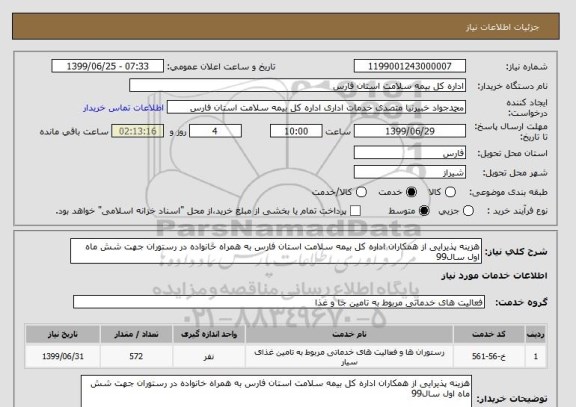 استعلام هزینه پذیرایی از همکاران اداره کل بیمه سلامت استان فارس به همراه خانواده در رستوران جهت شش ماه اول سال99