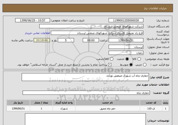 استعلام حفاری چاه آب شهرک صنعتی نورآباد