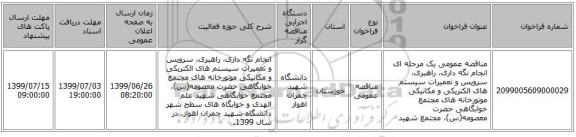 مناقصه عمومی یک مرحله ای  انجام نگه داری، راهبری، سرویس و تعمیرات سیستم های الکتریکی و مکانیکی موتورخانه های مجتمع خوابگاهی حضرت معصومه(س)، مجتمع شهید