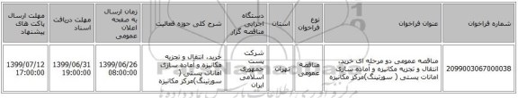 مناقصه عمومی دو مرحله ای خرید، انتقال و تجزیه مکانیزه و آماده سازی امانات پستی ( سورتینگ)مرکز مکانیزه 